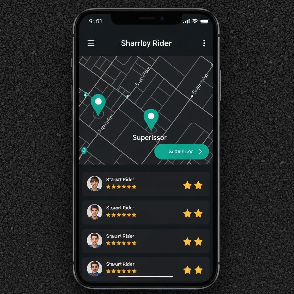 RideMate app interface showing map with supervisors